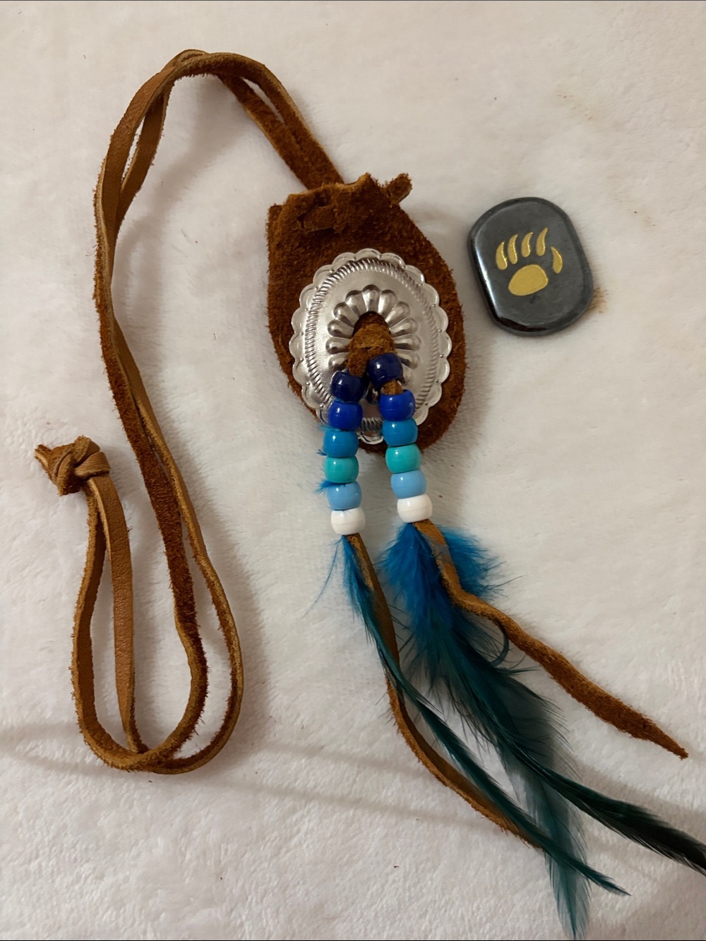 Native American, Handmade, Medicine Pouch  Brown Suede Necklace with Bear NEW